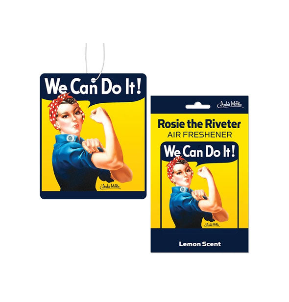 Rosie the Riveter "We Can Do It!" air freshener on string with packaging