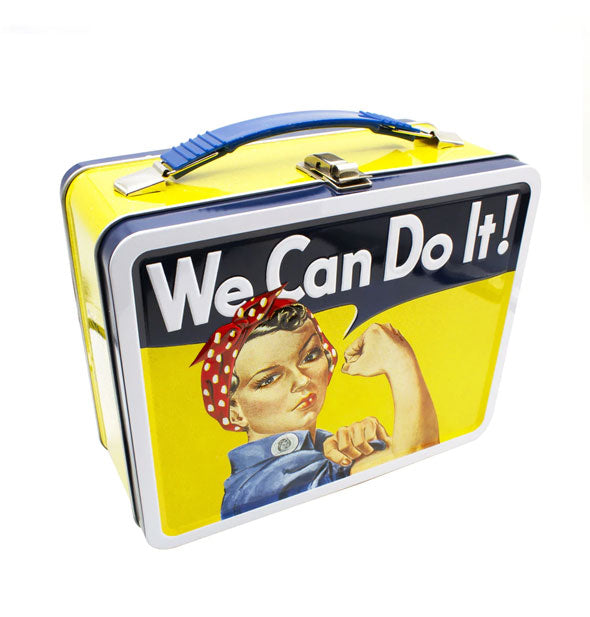 Three-quarter view of a yellow Rosie the Riveter lunchbox featuring original artwork and the phrase, "We Can Do It!"