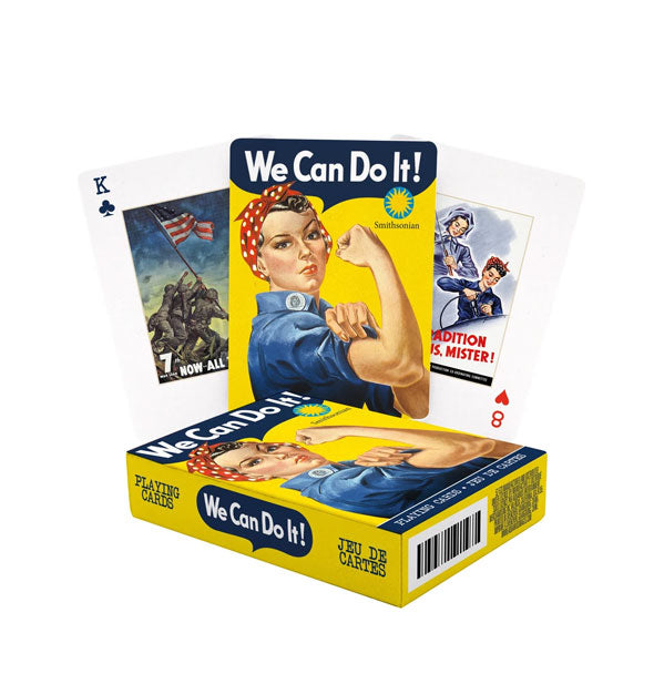 Box and samples of the Rosie the Riveter war poster playing card deck