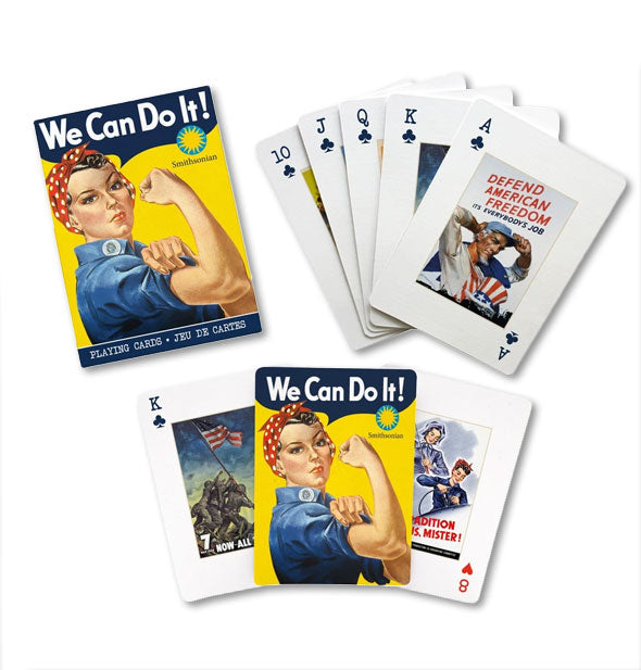 Sample hands from the wartime poster playing card deck, featuring Rosie the Riveter