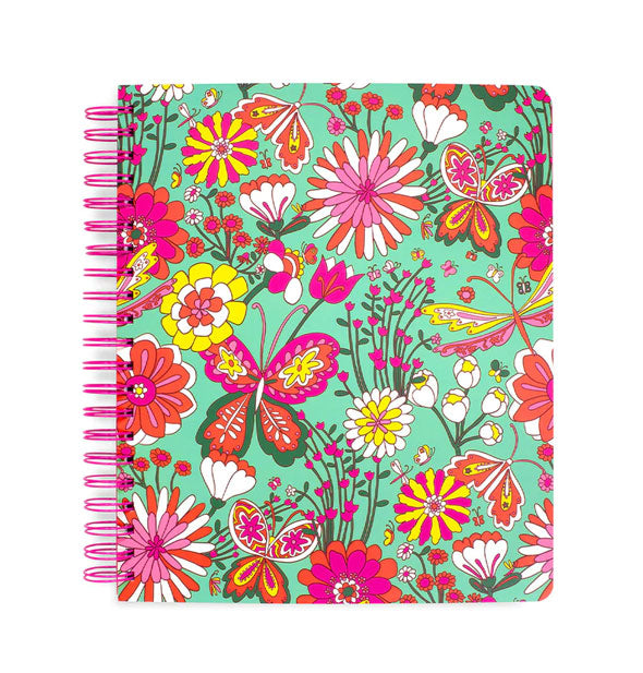 Rectangular mint green notebook with colorful flowers and butterflies design and pink spiral binding