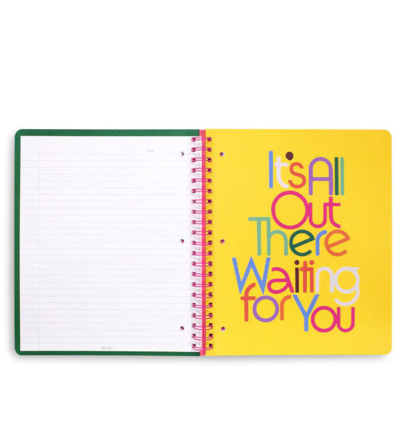 Notebook interior features a lined page and a yellow right-hand page that says, "It's All Out There Waiting for You" in multicolored lettering