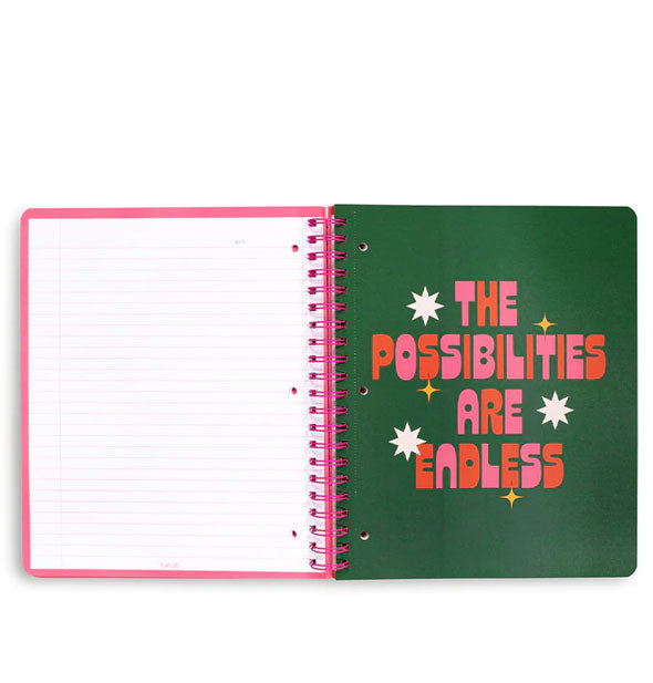 Notebook interior features a lined page and a dark green right-hand page that says, "The possibilities are endless" in pink and red lettering with white and yellow star accents