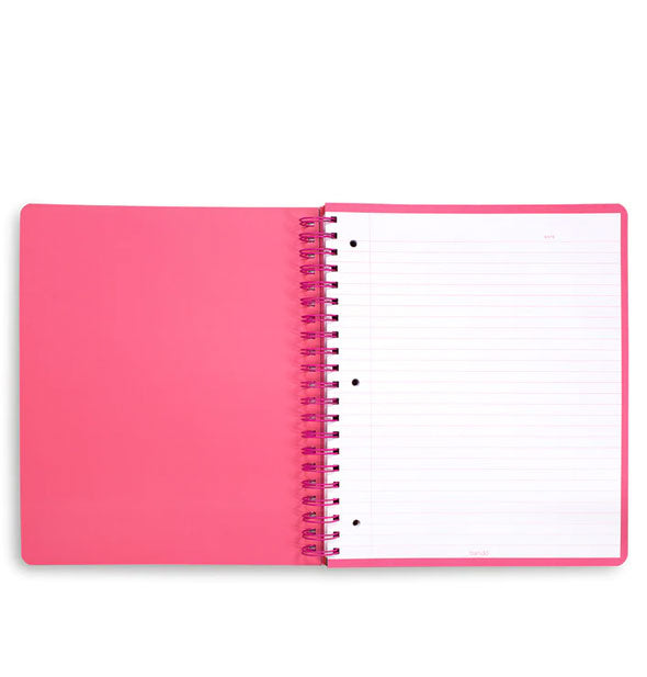 Notebook interior features a pink left-hand page and white lined right-hand page bound with a pink metal spiral