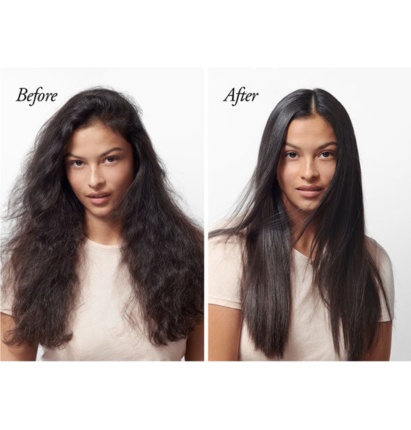 Hair before and after styling with Oribe Royal Blowout Heat Styling Spray
