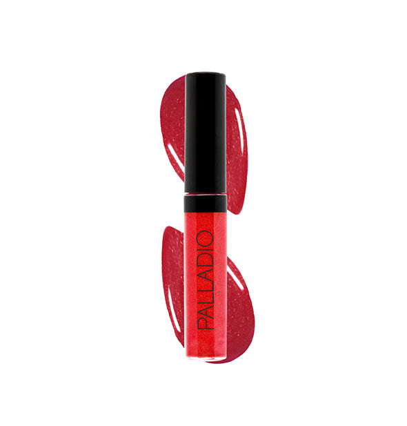 Palladio lip gloss tube in a bright red shade with color swatch behind