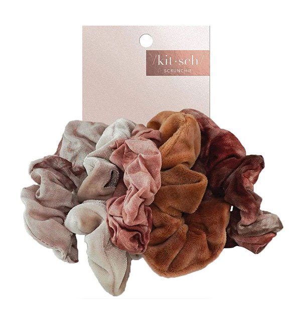 Set of five tie-dyed hair scrunchies in blush and warm neutral tones on Kitsch product card