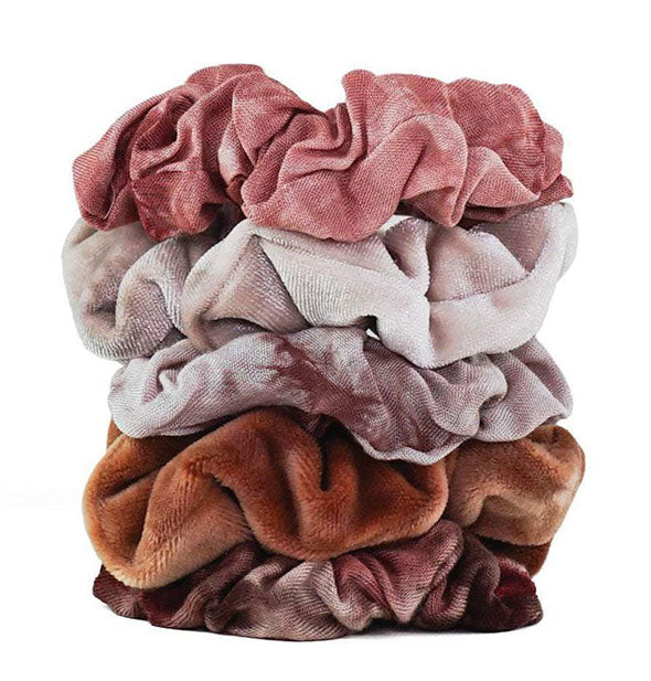 Set of five tie-dyed hair scrunchies in blush and warm neutral tones