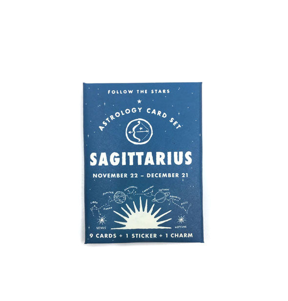 Blue and white pack of Follow the Stars Astrology Cards representing the zodiac sign Sagittarius