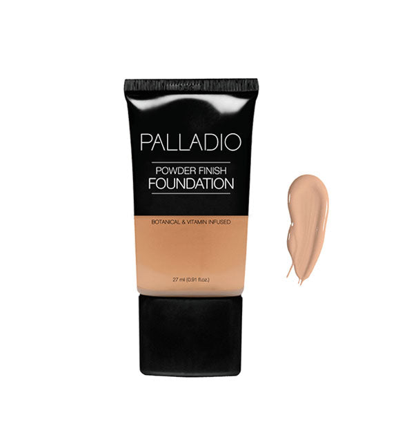 Tube of Palladio Powder Finish Foundation with sample to the right in the shade Sandy Beige