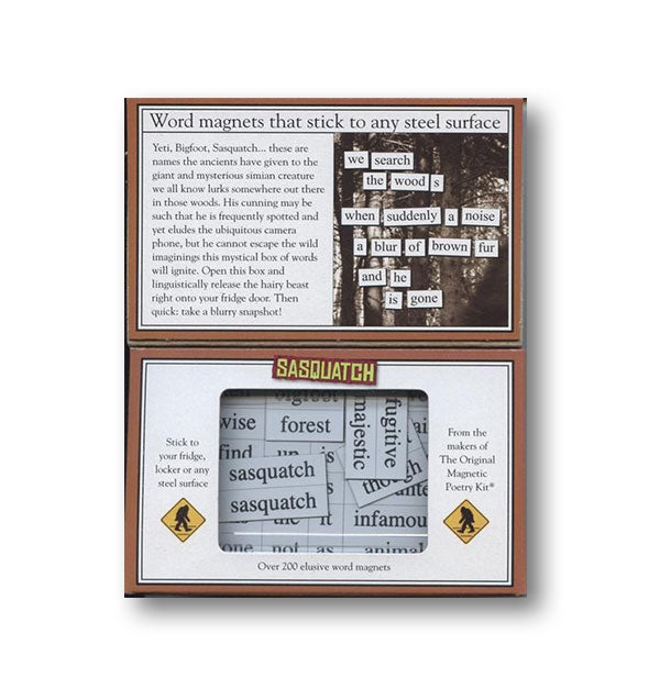 Sasquatch by Magnetic Poetry Kit box interior shows some sample word tiles