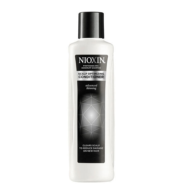 Black, white, and silver bottle of Nioxin Scalp Optimizing Conditioner