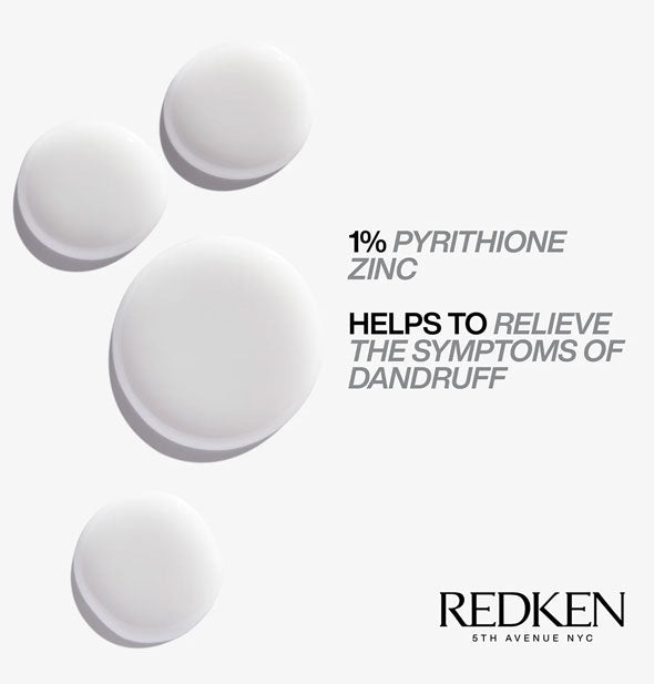 Droplets of Redken shampoo are labeled, "1% Pyrithione Zinc" and "Helps to relieve the symptoms of dandruff"