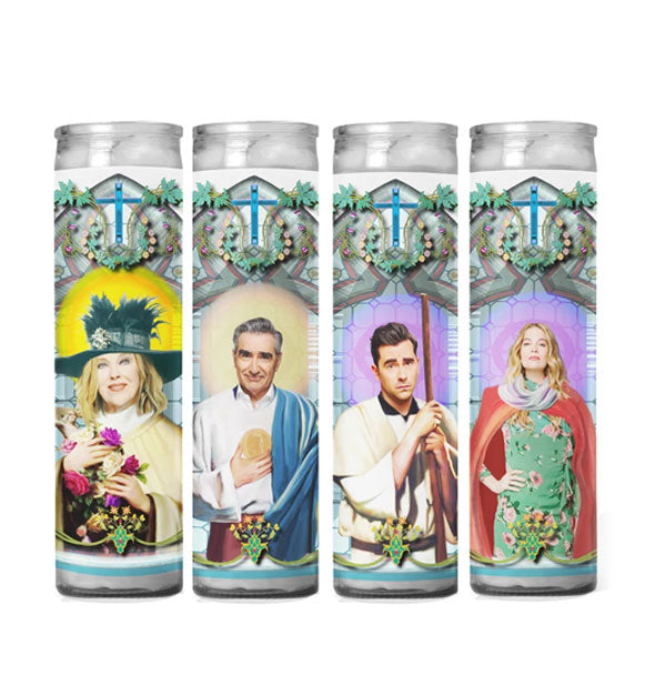 Grouping of four Schitt's Creek character prayer candles including Moira, Johnny, David, and Alexis Rose
