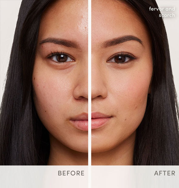Side-by-side comparison of model's skin before and after applying Jane Iredale's Glow Time Blush and Bronzer Sticks using shades Fervor and Scorch respectively