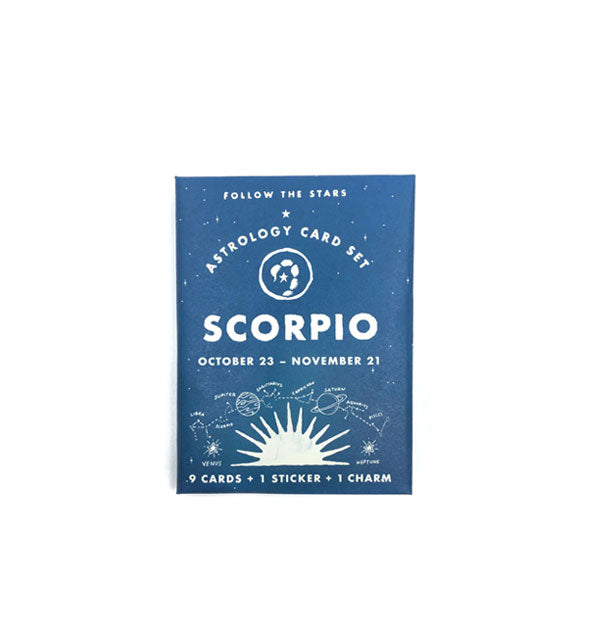 Blue and white pack of Follow the Stars Astrology Cards representing the zodiac sign Scorpio