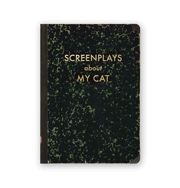 Speckled vintage-effect journal cover says, "Screenplays About My Cat" in metallic gold foil stamped lettering