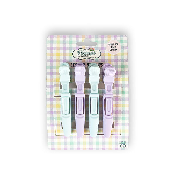Pack of four pastel teal and purple sectioning hair clips by The Vintage Cosmetic Company on gingham print display card