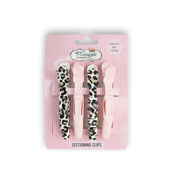 Pack of four sectioning clips by The Vintage Cosmetic Company in alternating pink and leopard print finishes