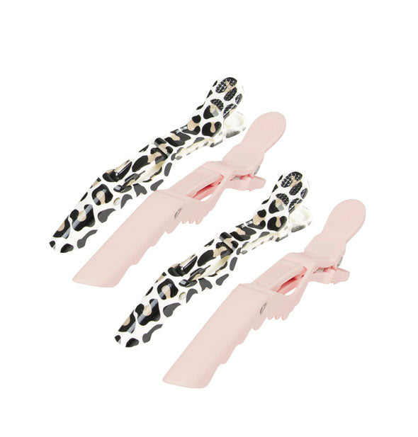 Two each blush pink and leopard print hair sectioning clips