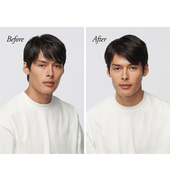 Side-by-side comparison of model's hair before and after using Oribe Serene Scalp Oil Control Shampoo
