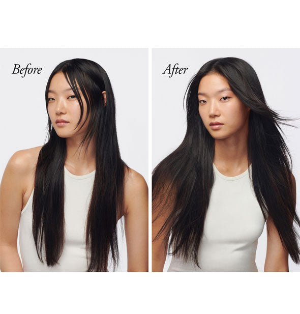 Side-by-side comparison of model's hair before and after using Oribe Serene Scalp Oil Control Treatment Mist