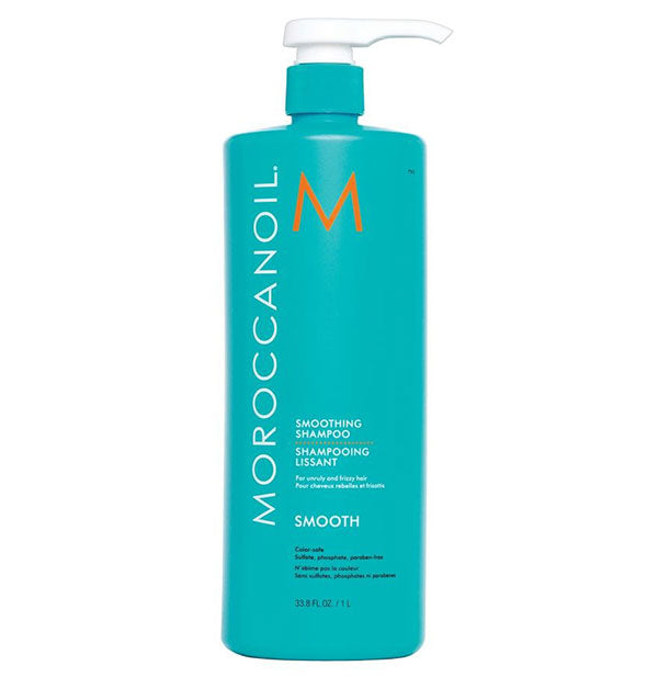 33.8 ounce bottle of Moroccanoil Smoothing Shampoo with pump nozzle