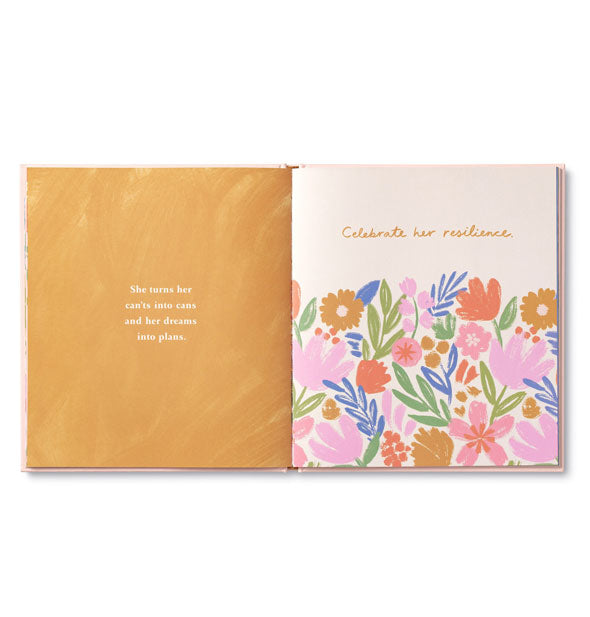 Page spread from "She..." features colorful floral illustrations and small quotes on each pahe