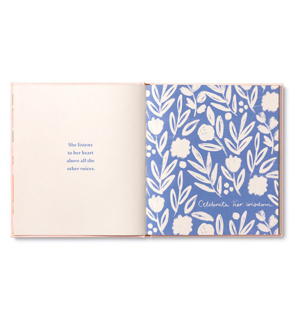Page spread from "She..." features monochromatic blue and white floral illustrations and small quotes on both sides
