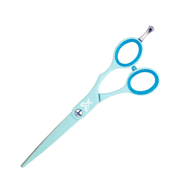 Pair of two-tone blue cutting shears with silver finger rest and hinge