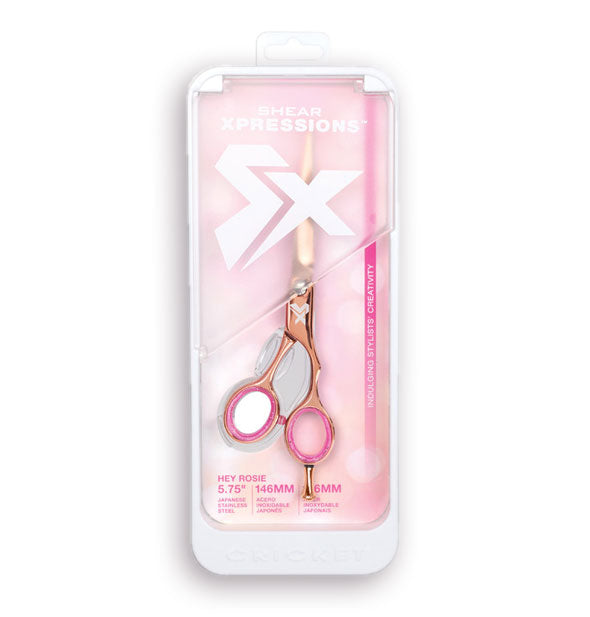 Pair of rose gold and pink Shear Xpressions Hey Rosie 5.75-inch cutting shears in packaging