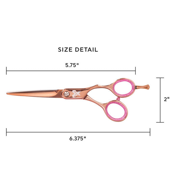 Size detail for the Hey Rosie Shear Xpressions Cutting Shears: 5.75 inches at longest point by 2" wide