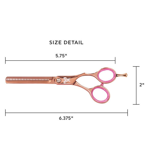Size detail for the Hey Rosie Thinning Shears: 5.75 inches at longest point by 2 inches wide