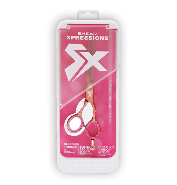 Rose gold and pink Shear Xpressions Hey Rosie thinning shears in packaging