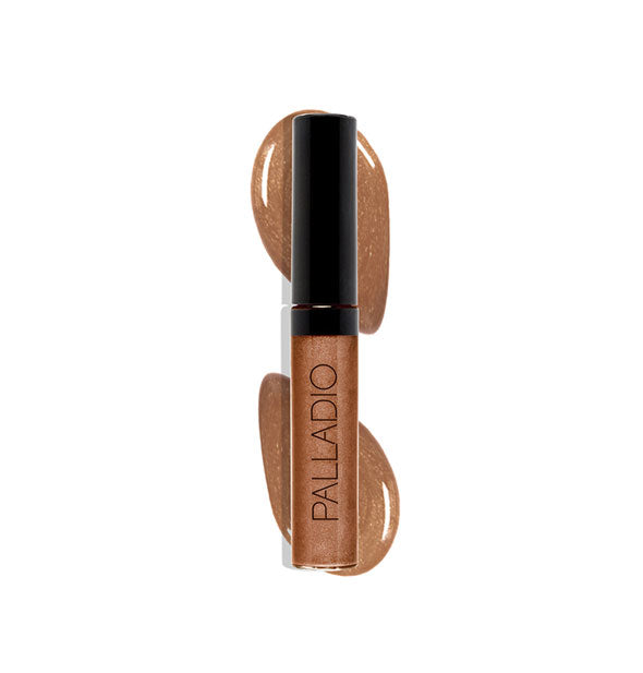 Palladio lip gloss tube in a bronze shade with color swatch behind