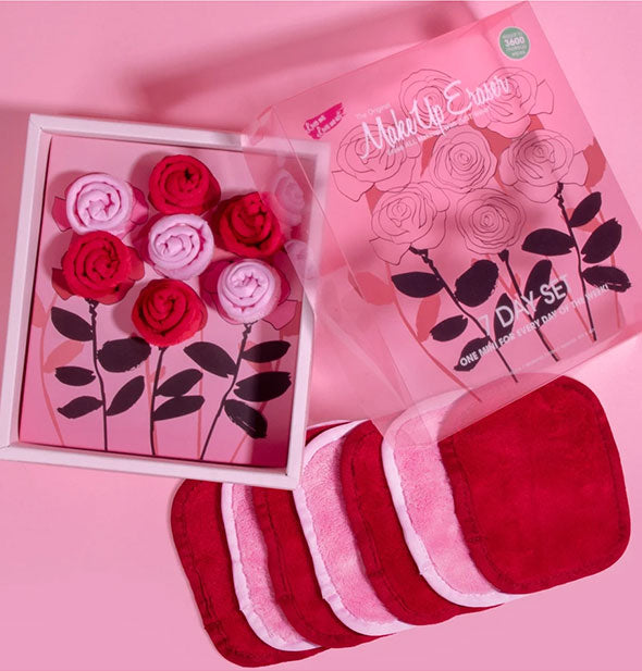 Makeup Eraser 7 Day Set in She Loves Me Edition with cloths rolled up to resemble roses