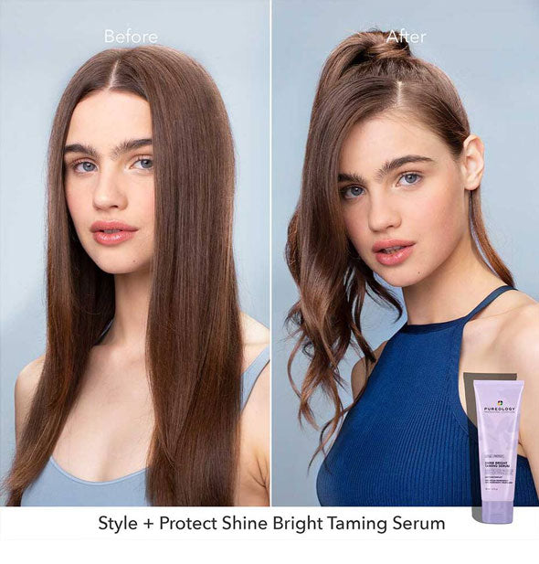 Before and after results of using Pureology Style + Protect Shine Bright Taming Serum