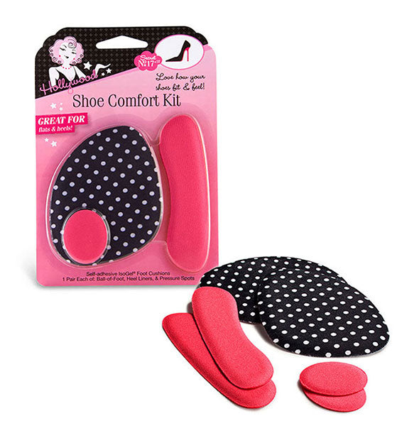 Pink and black-and-white polkadot Shoe Comfort Kit shown in and out of packaging