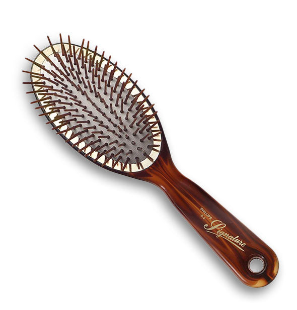 Tortoise hair brush with oval cushioned paddle head