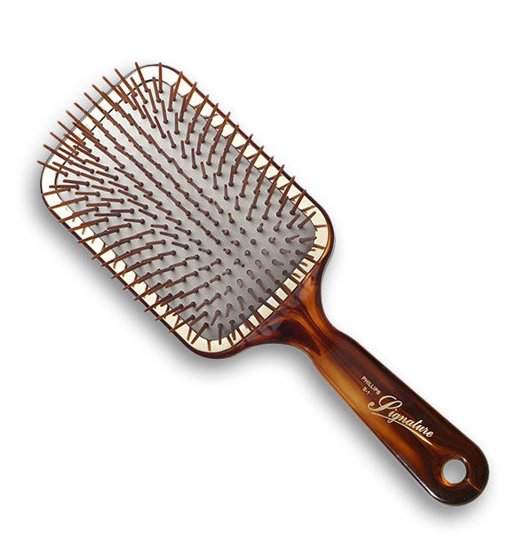 Tortoise hair brush with square cushioned paddle head