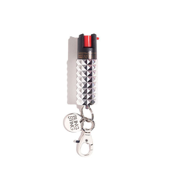 Silver studded pepper spray canister with rose gold Blingsting tab and lobster clasp