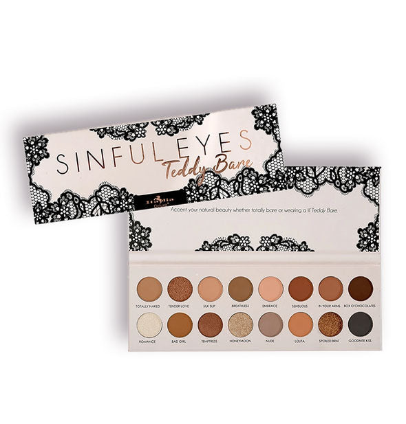 Sinful Eyes Teddy Bare 16-shade eyeshadow palette with black lace design detail is shown open and closed