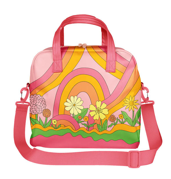 Pink, yellow, and orange bag for roller skate storage has a pink top handle and pink shoulder strap