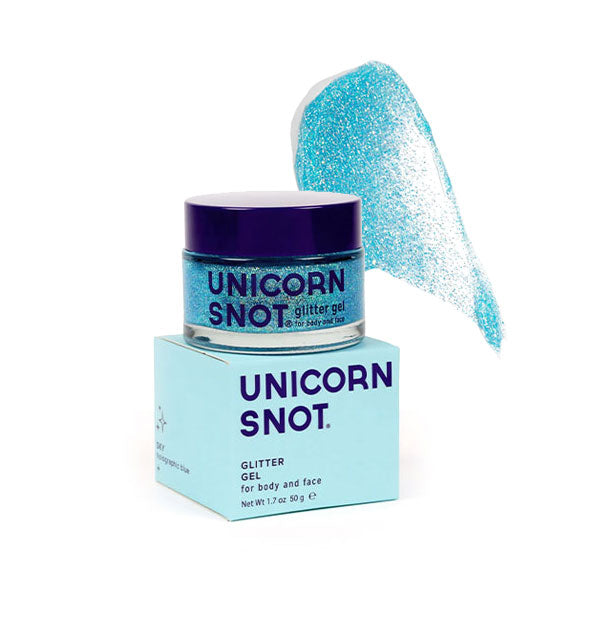 Pot of blue Unicorn Snot Glitter Gel with sample product application at top right in the shade Sky