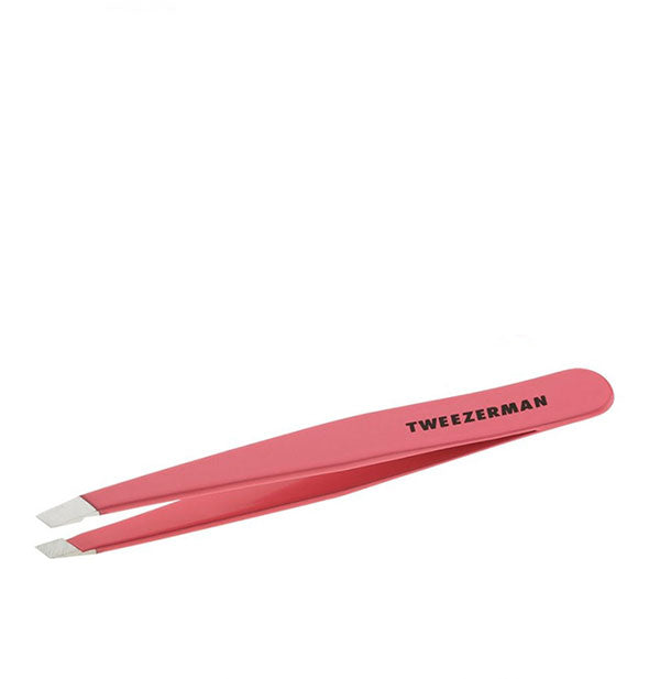 Pink tweezer with black Tweezerman logo and slanted stainless steel tips