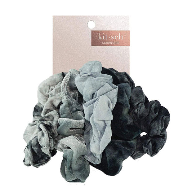 Set of five blue-gray tie-dyed hair scrunchies on Kitsch product card