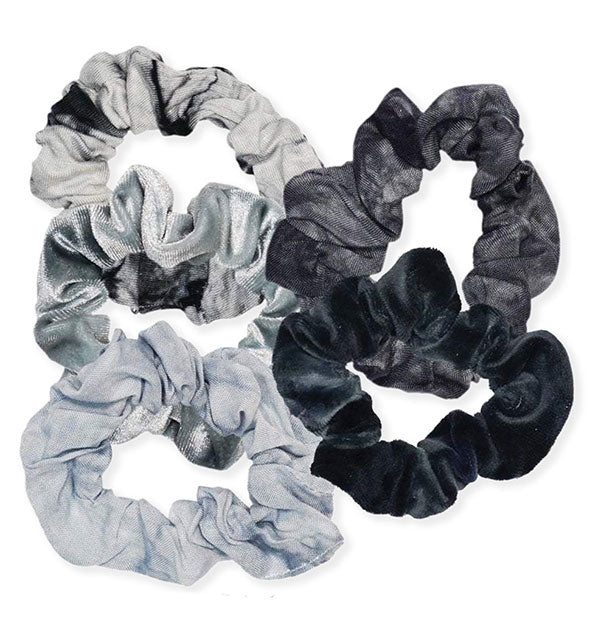 Set of five blue-gray tie-dyed hair scrunchies