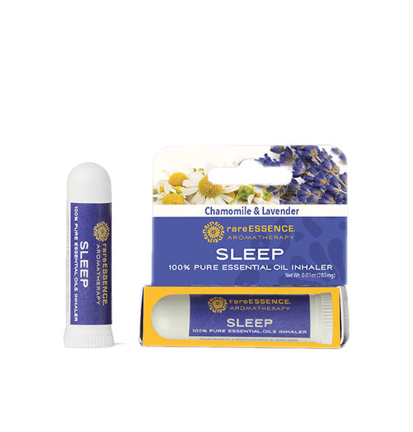Tube of Chamomile & Lavender Sleep 100% Pure Essential Oil Inhaler by Rare Essence Aromatherapy with box packaging