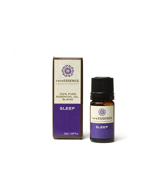 5 milliliter bottle of Sleep 100% Pure Essential Oil Blend by Rare Essence Aromatherapy with box