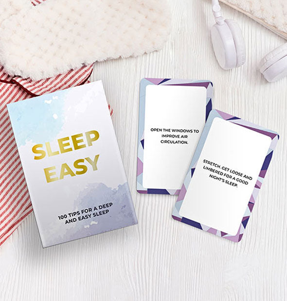 Box and samples from the Sleep Easy: 100 Tips for a Deep and Easy Sleep card deck